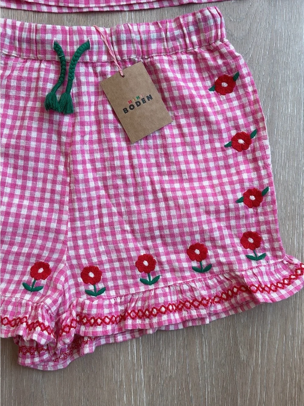 NWT Mini Boden Pink Gingham Smocked Tank & Floral-Embroidered Set Size 11/12